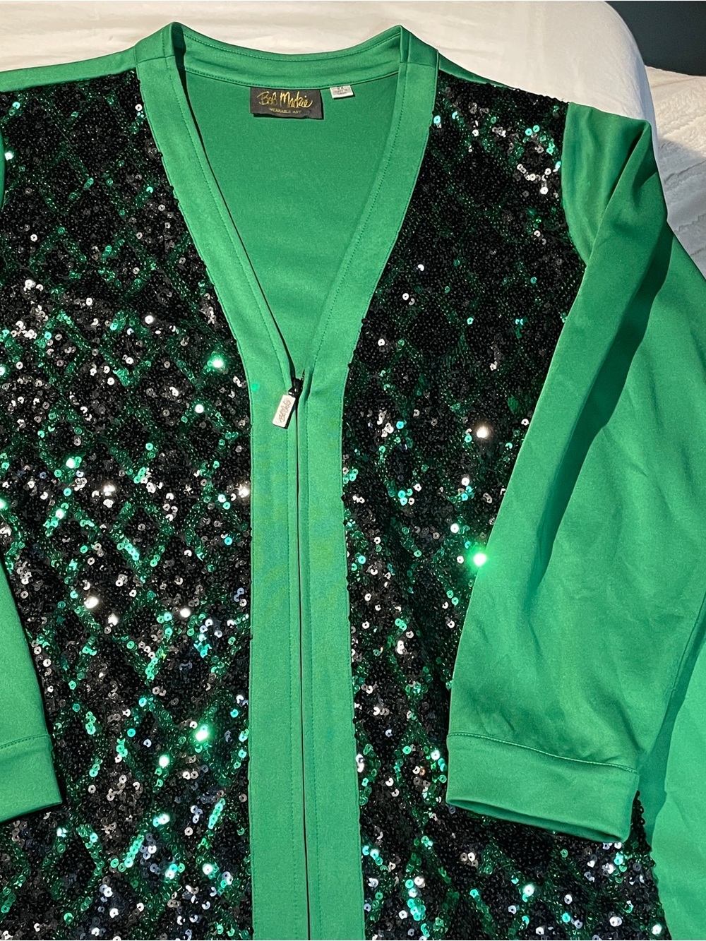 Bob Mackie Wearable Art Green Sequin Zip Jacket Plus Size 2X Holiday Party Bling